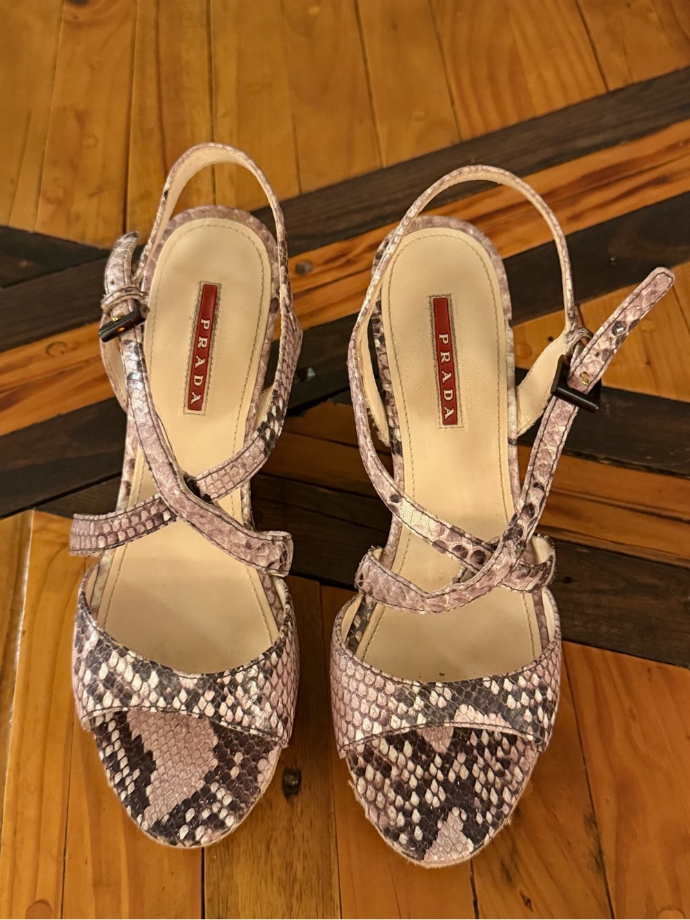 PRADA Tan and Black Genuine Python Snakeskin Slingback Wedges.